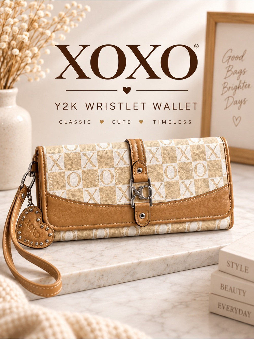 XOXO Y2K Monogram Wristlet Wallet Beige Checkered Heart Charm